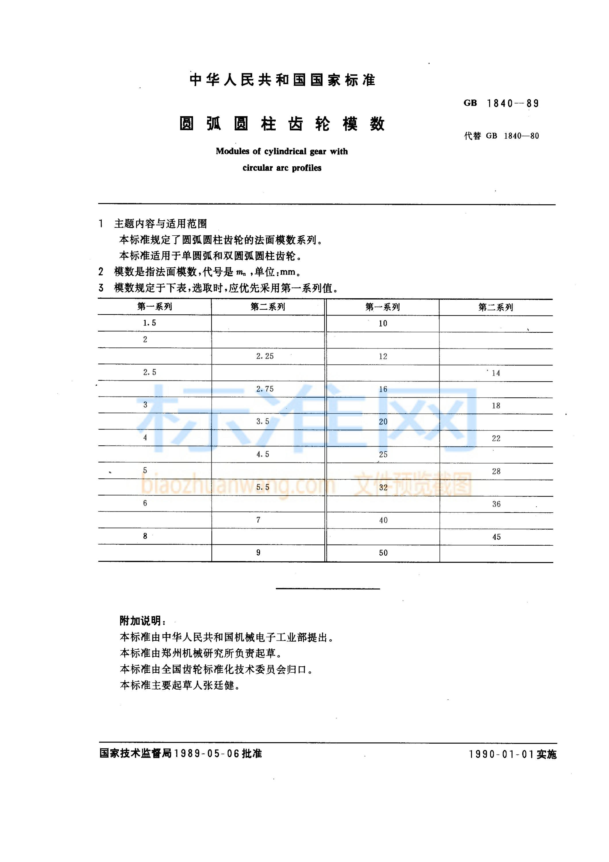 GB 1840-1989 圆弧圆柱齿轮模数