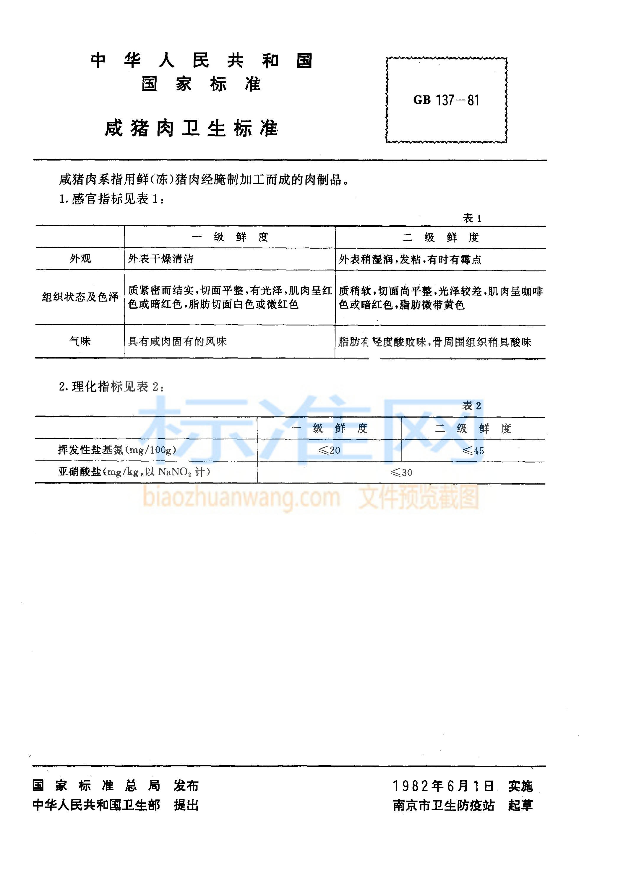 GB 137-1981 咸猪肉卫生标准
