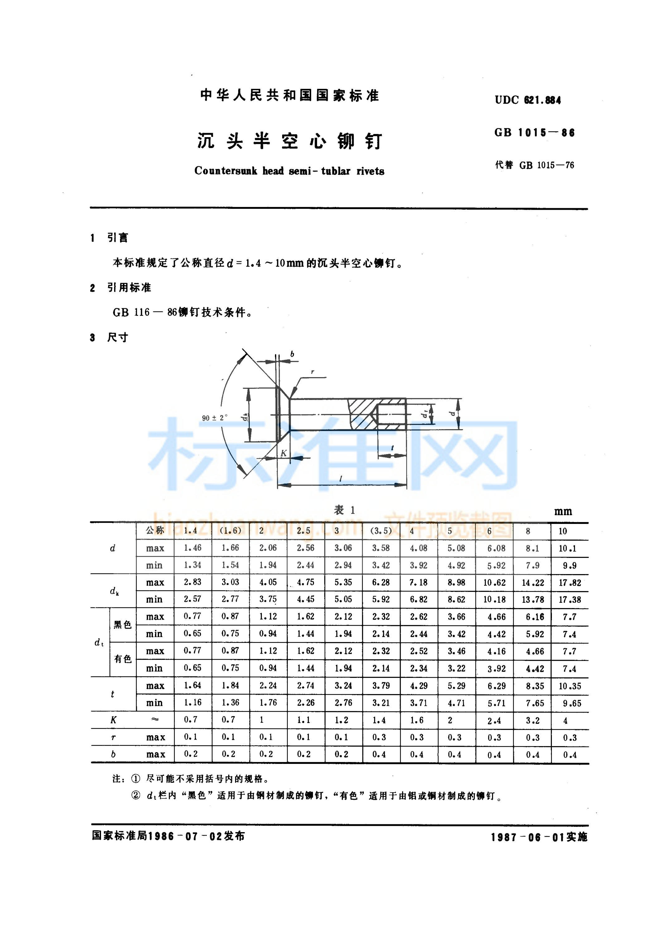 GB 1015-1986 沉头半空心铆钉