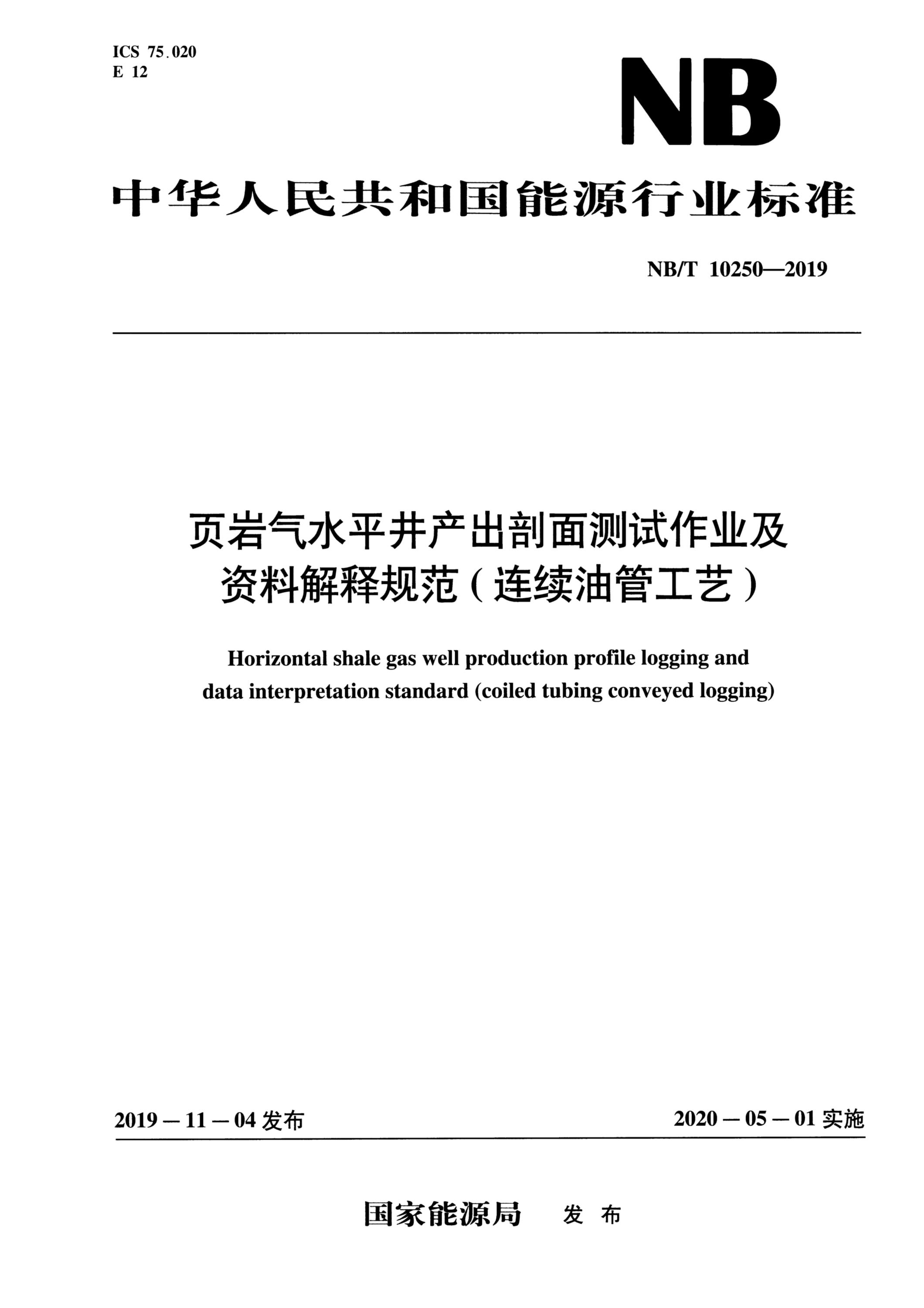 NB/T 10250-2019 页岩气水平井产出剖面测试作业及资料解释规范(连续油管工艺)