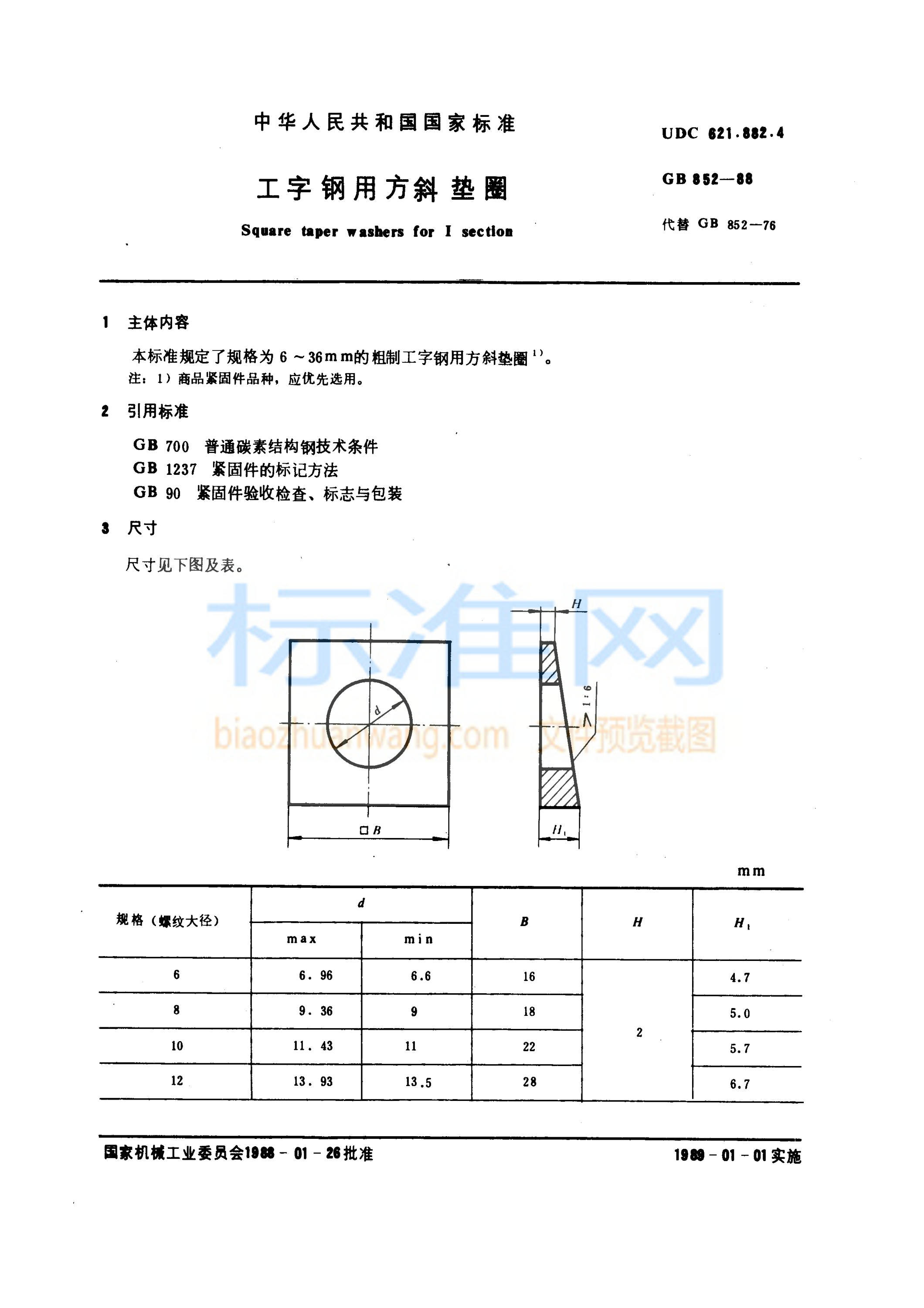 GB 852-1988 工字钢用方斜垫圈