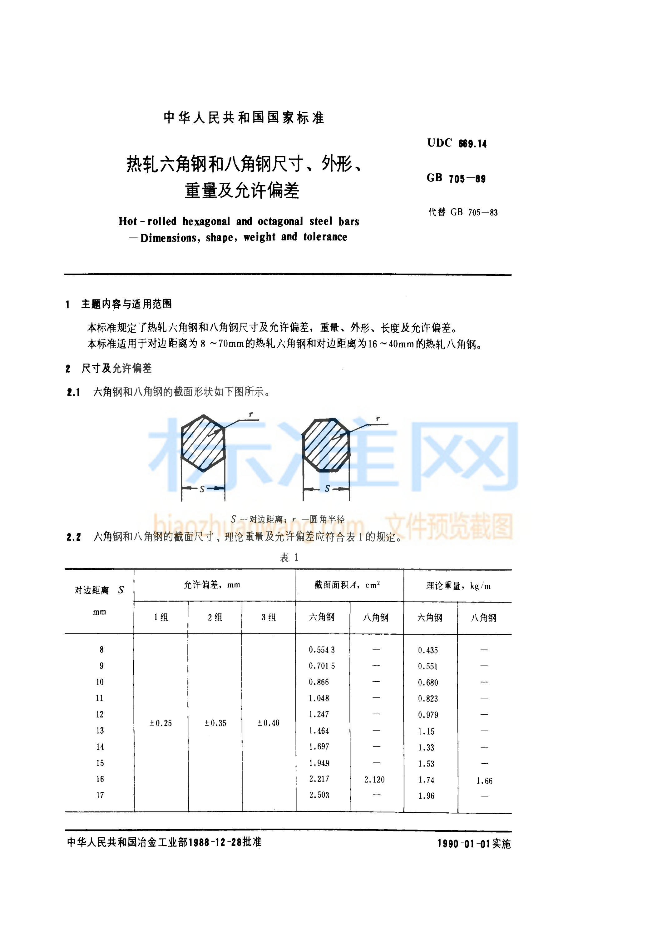 GB 705-1989 热轧六角钢和尺寸、外形、重量及允许偏差