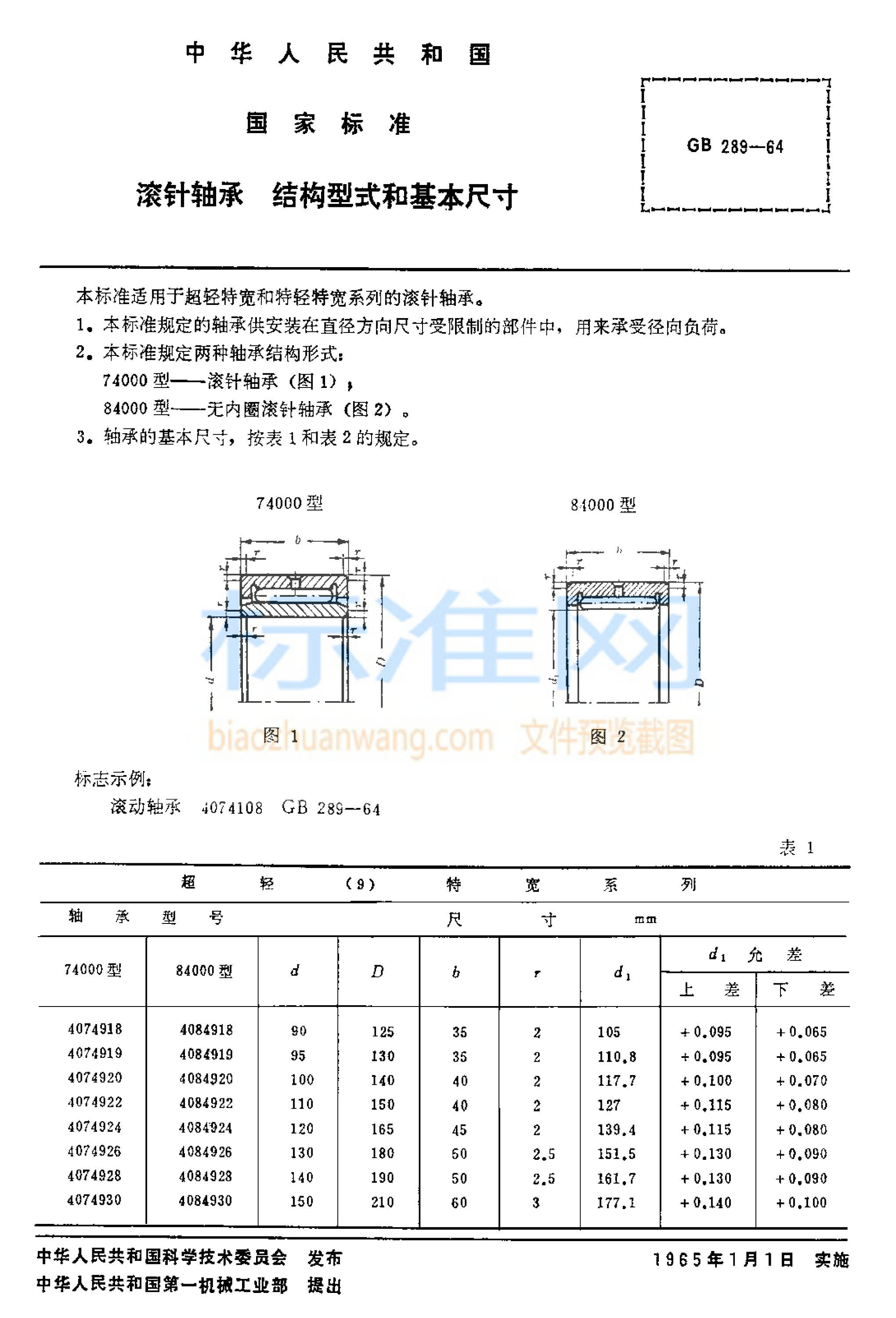 GB 289-1964 滚针轴承 结构型式和基本尺寸