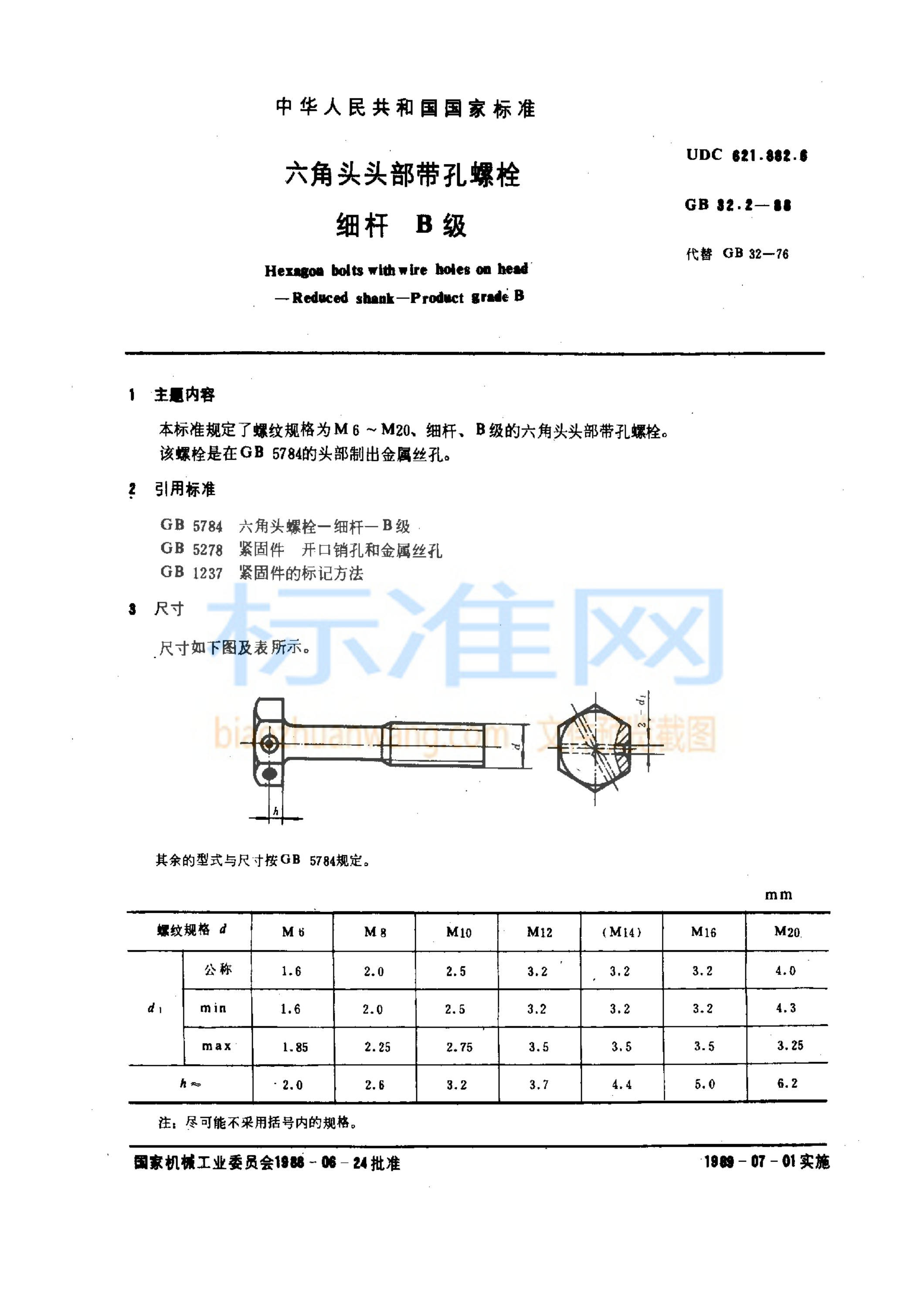 GB 32.2-1988 六角头头部带孔螺栓 细杆 B级