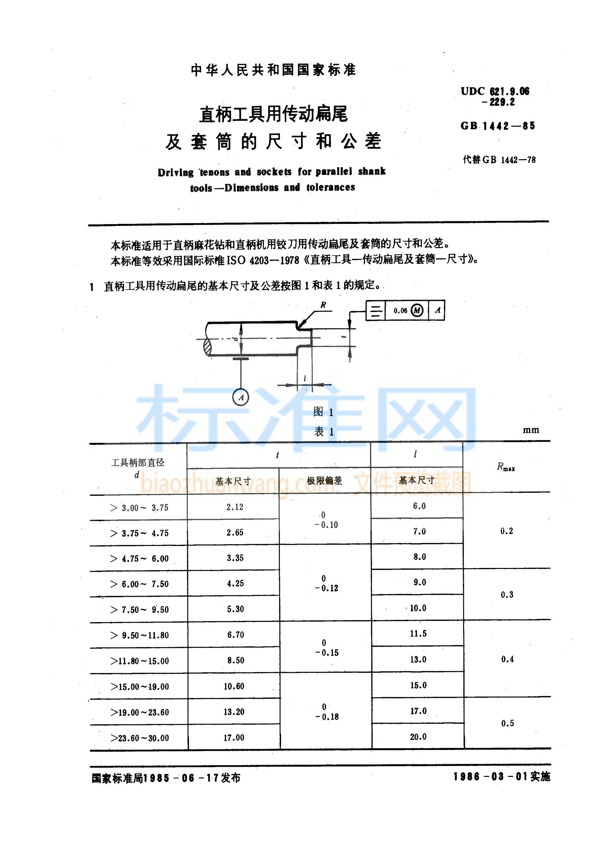 GB 1442-1985 直柄工具用传动扁尾及套筒的尺寸和公差