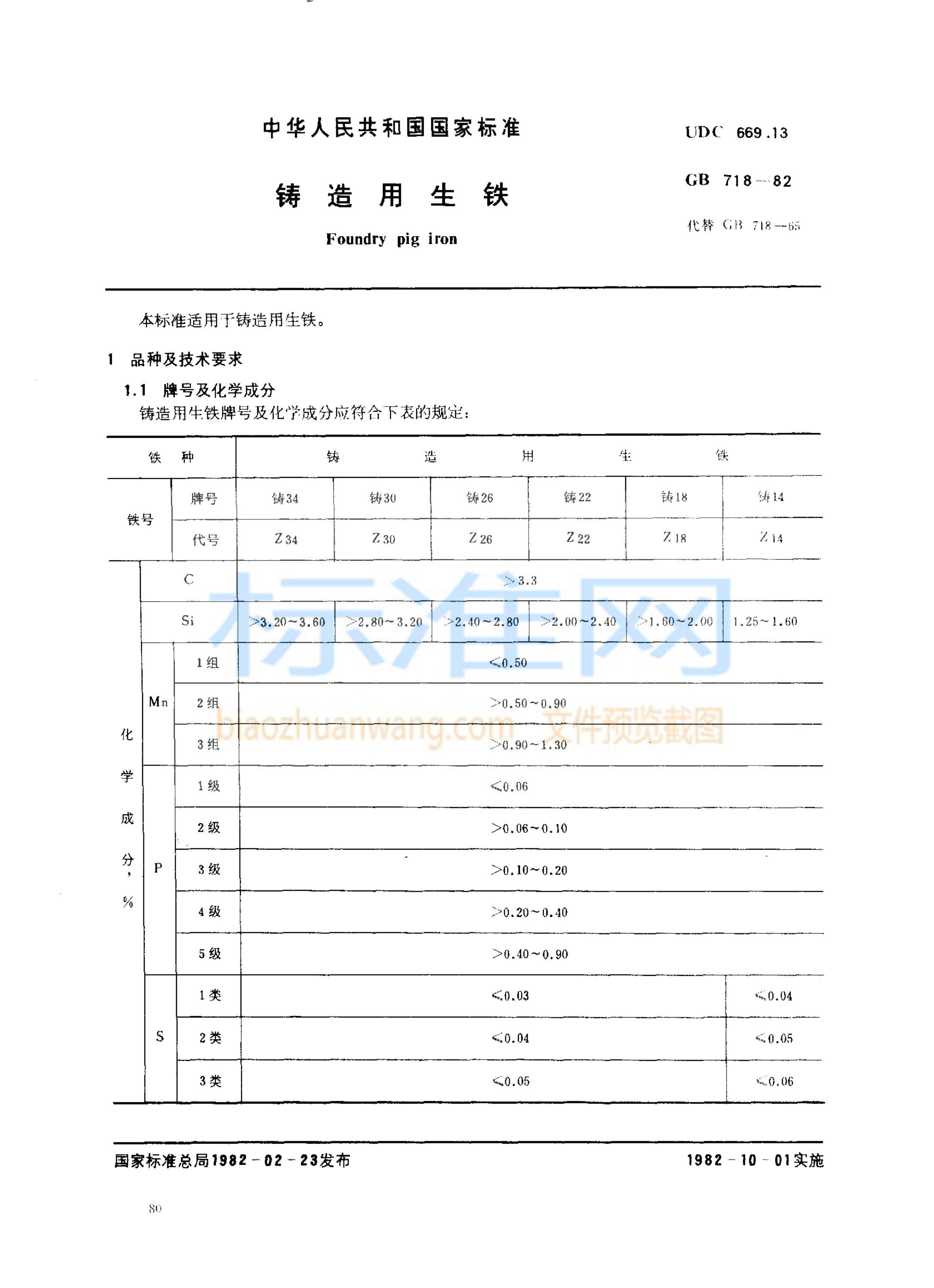GB 718-1982 铸造用生铁