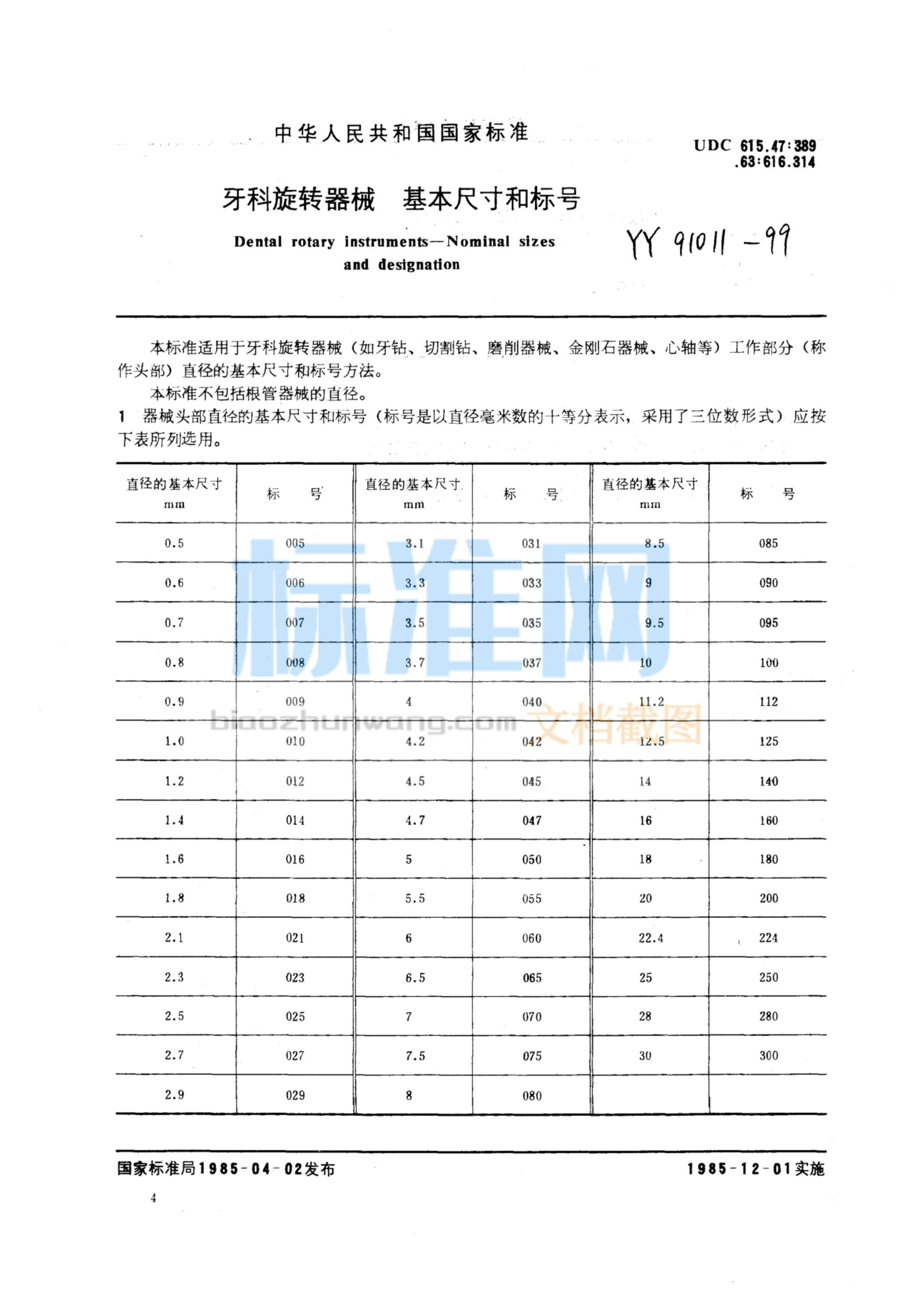 YY 91011-1999 牙科旋转器械基本尺寸和标号