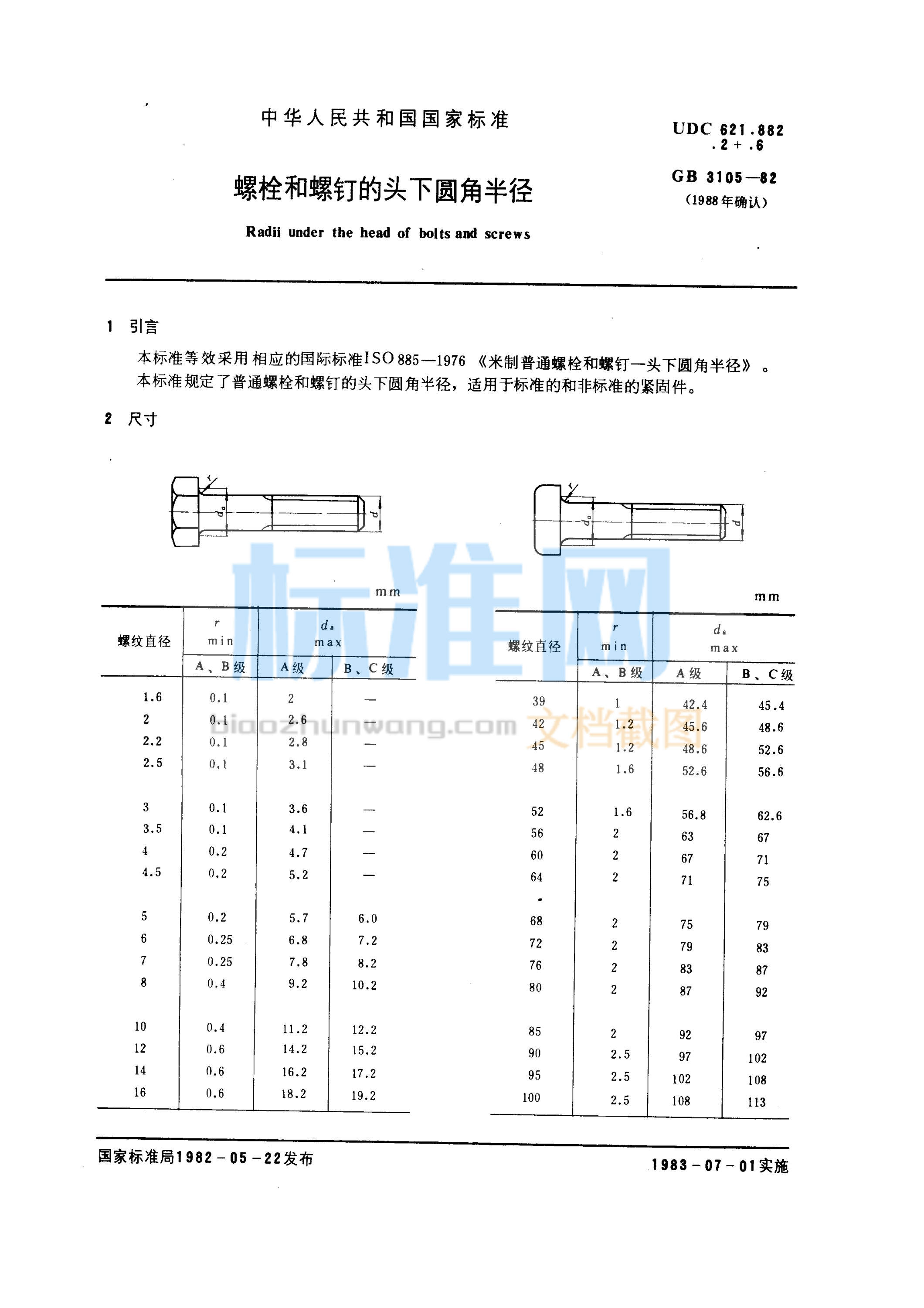 GB 3105-1982 螺栓和螺钉的头下圆角半径